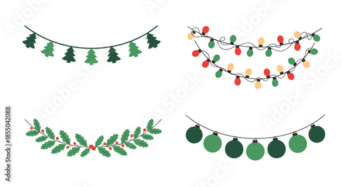 Four different types of festive Christmas garlands featuring evergreen trees, colorful lights, holly leaves, and green ornaments.