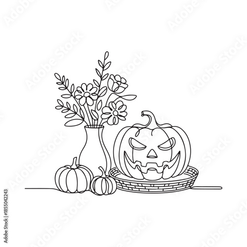 A halloween still life featuring a carved pumpkin and floral arrangement