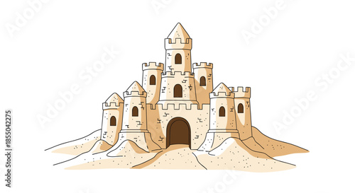 Detailed large sandcastle fortress featuring multiple towers and an arched entrance built on a beach for summer fun.