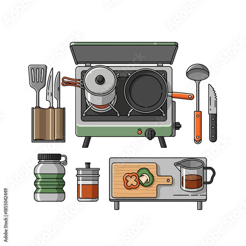 Compact outdoor cooking gear set - portable stove, pots, pan, utensils, cutting board, and containers.