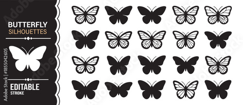 Butterfly silhouette icon set with flying insects and decorative wing shapes