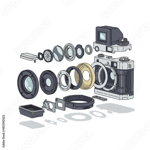 Exploded view of vintage film camera with disassembled lens components illustration.
