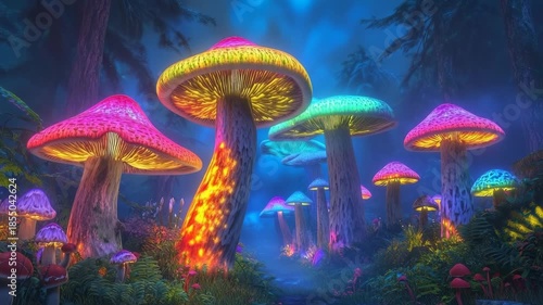 Glowing mushrooms illuminate a magical meadow under a night sky