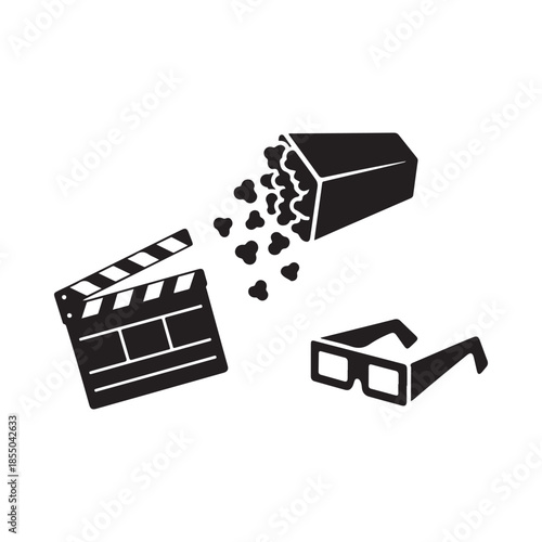 Movie night essentials film reel popcorn and 3d glasses icon set
