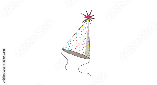 Traditional cone-shaped party hat decorated with colorful sprinkles and a pink star-shaped topper on white background.