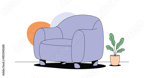 Modern purple upholstered armchair in a cozy interior setting with a potted plant and abstract background shapes.