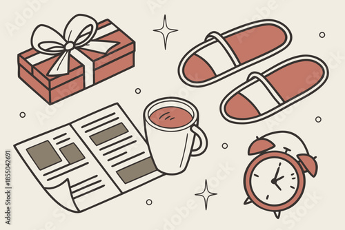 Cozy morning routine with gift, slippers, coffee, and newspaper