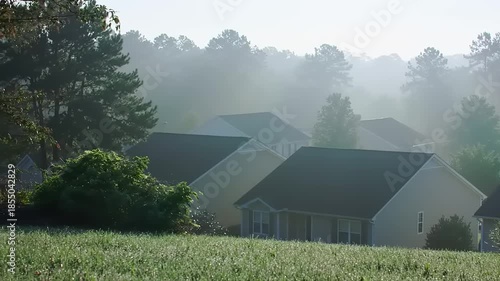Misty Morning Over Suburban Homes and Green Fields.