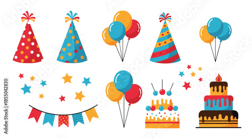 Extensive set of birthday celebration graphics including party hats, balloons, cakes, bunting, and colorful stars.