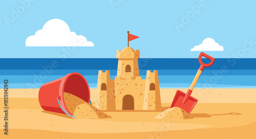 Classic sandcastle built on a golden sand beach with a red bucket and a red shovel overlooking the blue ocean waves.