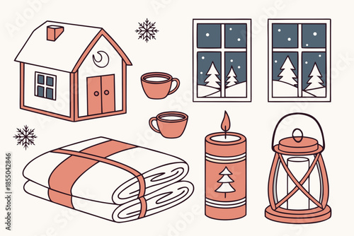 Cozy winter scene with house, hot drink, blankets, candle, and lantern
