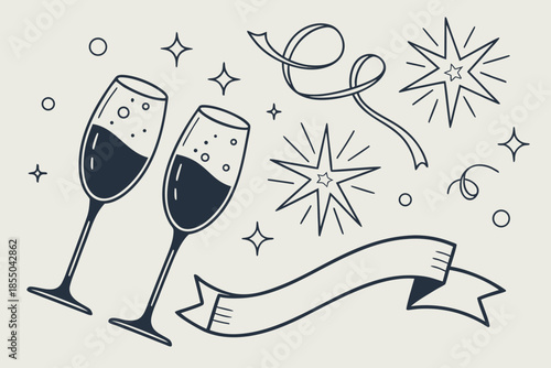 Celebratory champagne glasses with festive stars and ribbon