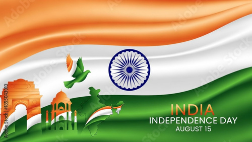 Indian independence day celebration with waving flag and historical monuments on august 15