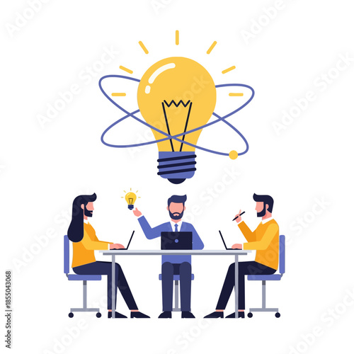 This seasonal 2D flat vector illustration depicts three minimalist colleagues in a productive brainstorming session orbiting a stylized lightbulb, symbolizing creativity and collective team idea gener