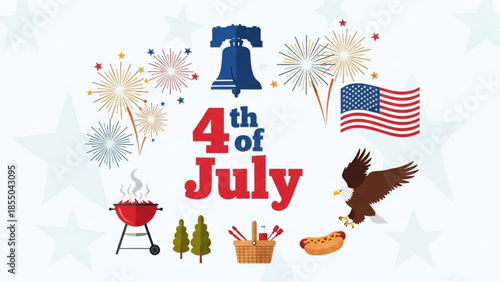 4th of july celebration with fireworks, grill, and american flag illustration