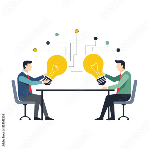 Seasonal flat 2D vector illustration of two business figures exchanging lightbulbs and connecting geometric dots on a minimalist table, symbolizing effective idea synthesis and communication.