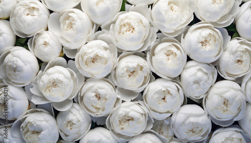 Down view of tightly packed white peony flowers with visible centers