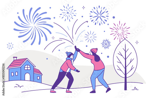 Happy couple celebrating New Year's Eve with fireworks in snowy neighborhood