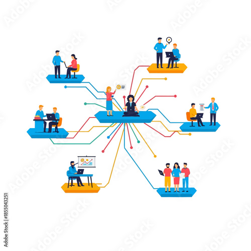 Pure flat 2D vector illustration showing diverse remote workers collaborating digitally on abstract platforms linked by vibrant geometric lines, symbolizing global business connection.