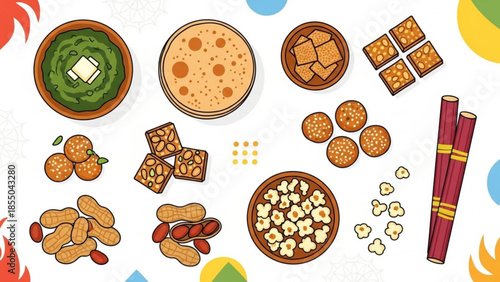 Assorted snacks including peanuts, popcorn, and cookies arranged on white background