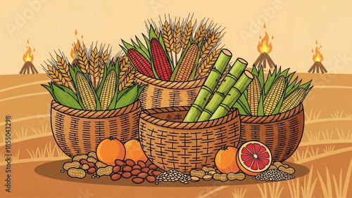 Harvest illustration with corn wheat grains and fruits in wicker baskets