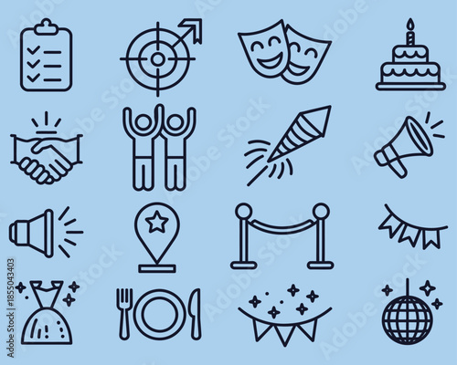 event planning icon set vector illustration editable stroke collection for wedding party corporate meeting conference celebration organizer and event management tools.