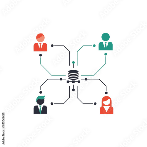 Minimalist 2D flat vector illustration showing four abstract business people digitally linked by network lines flowing into a central data hub, symbolizing business communication and corporate unity.