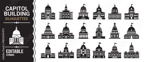 Black solid government and capitol icons for civic and political design