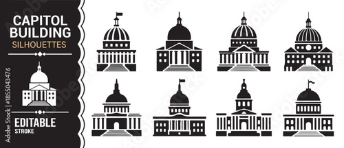 Capitol building silhouette icon set with domed government architecture