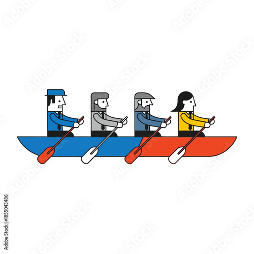 Four flat 2D vector business characters are rowing a simplified stylized boat in perfect synchronized motion, illustrating efficient shared corporate teamwork.