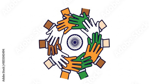 Diverse hands around indian flag symbolizing unity and diversity in india with green, orange, white and brown hands forming a circle