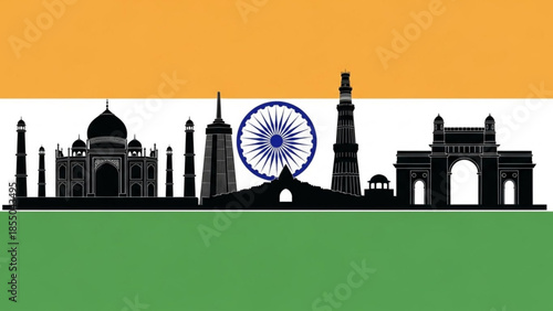 India monuments silhouettes with indian flag colors and ashoka chakra symbol in a graphic