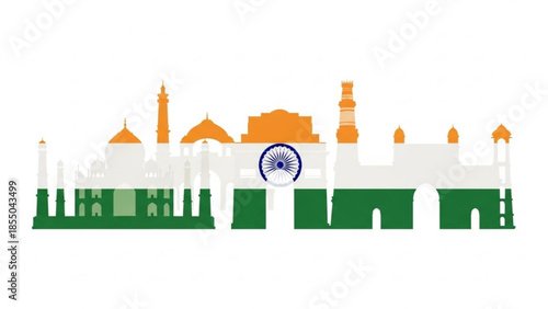 Indian national flag merged with skyline of historical monuments in orange, white, and green
