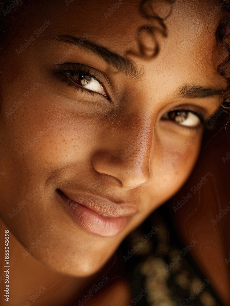 Fototapeta premium Close-up of a person with a warm smile and curly hair, conveying friendliness and warmth.