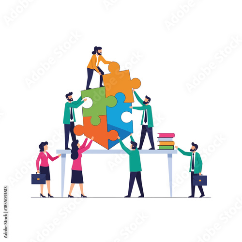 Diverse team members strategically assemble a complex geometric puzzle, illustrating corporate teamwork and connectivity in a flat 2D vector.