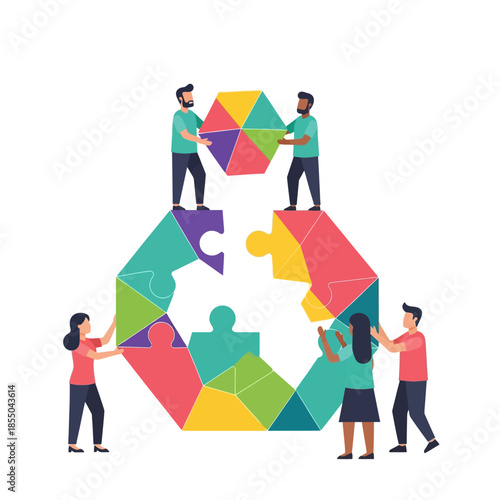 Diverse team collaboration achieving project completion by assembling the final interlocking piece of a geometric puzzle in a clean, minimalist 2D flat vector illustration.
