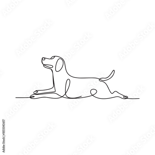 Simple one line drawing of a dog in a playful stretched pose