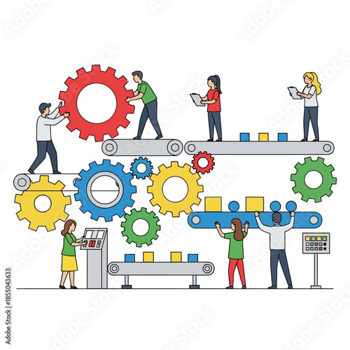 Diverse, synchronized employees maintain smooth workflow operation managing a complex system of geometric gears and conveyor belts, illustrated in a minimalist flat 2D vector style.