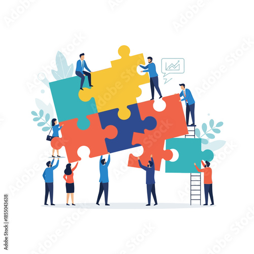 Diverse team characters collaboratively complete a jigsaw puzzle representing business strategy, illustrated in flat 2D vector style.