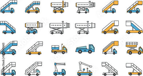 Airport ground service vehicle vector set with baggage loaders, passenger stairs, lifts, and utility trucks for aviation, airport operations, and transportation design