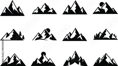 A collection of 12 black mountain range silhouettes in various shapes and sizes
