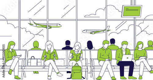 Airport waiting lounge vector illustration with passengers using smartphones and laptops, modern terminal interior scene showing travel, departure, and aviation lifestyle