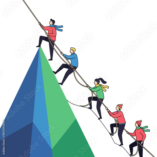 Ascending a massive geometric peak using a unified rope system, four business characters symbolize mutual support and shared ambition toward a corporate goal in this pure flat vector illustration.