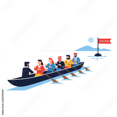 A pure flat 2D vector illustration shows a unified business team of six characters rowing a long boat in perfect synchronization across calm waters toward a distant success flag.
