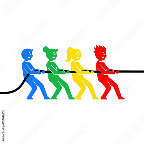 Unified team of four stylized figures pulling a rope in sync, illustrating synergy, collective strength, and unified effort in a seasonal pure flat 2D vector illustration.