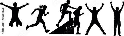 People silhouettes celebrating success and progress with running jumping and climbing mountain to achieve personal goals and professional business growth