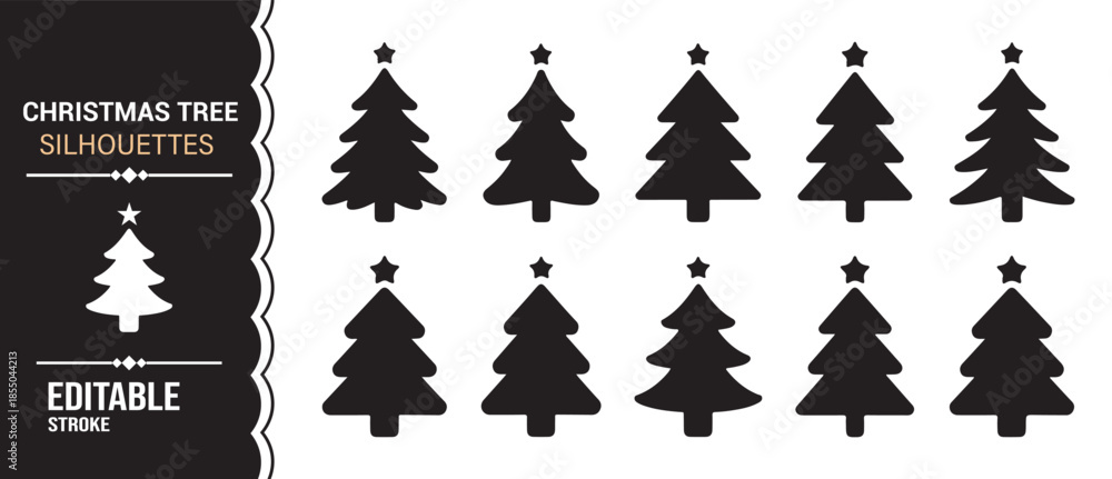 Fototapeta premium Black solid evergreen tree icons for Christmas, New Year, and seasonal graphics