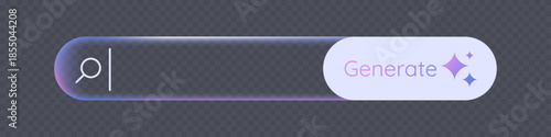 Minimalistic transparent Ai search bar features a modern generate button with sparkling icon, highlighting its neon futuristic design. Vector