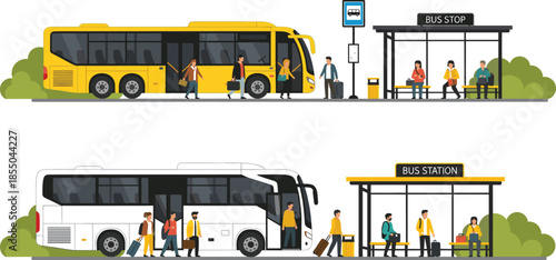 City bus stop vector illustration with passengers boarding and waiting, urban public transportation scene showing bus station, commuters, and travel activity