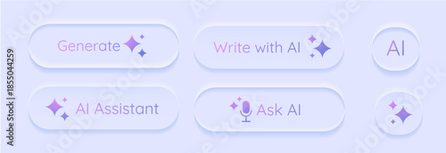 Convex and Concave AI Buttons set. 3d AI Assistant pushbutton. Generate artificial intelligence toggle. LLM magic stars logo. Machine learning text generator. Chatbot assistant. UI design. Vector